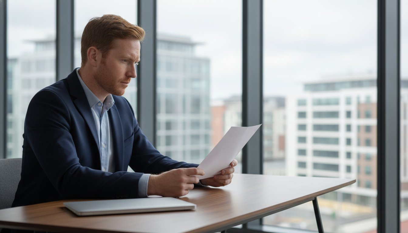 A professional reviewing a document at a desk in a modern office