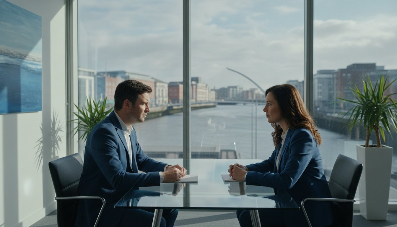 Two professionals in a focused legal consultation beside a glass desk