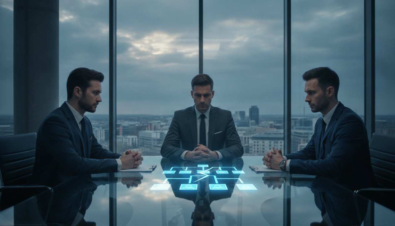 Three professionals in a boardroom with a glowing organisation chart on the table